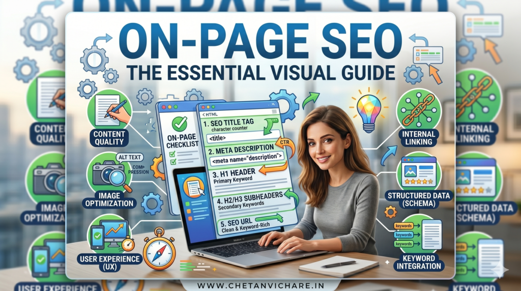 On-page SEO checklist infographic showing 25 optimization factors by Digital Coach Chetan